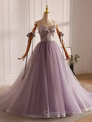 A-Line V Neck Tulle Beads Purple Long Evening Prom Dress, Purple Long Formal Dress