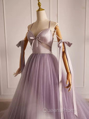 A-Line V Neck Tulle Beads Purple Long Evening Prom Dress, Purple Long Formal Dress