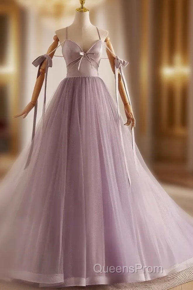 A-Line V Neck Tulle Beads Purple Long Evening Prom Dress, Purple Long Formal Dress Main image