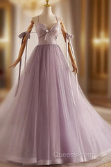 A-Line V Neck Tulle Beads Purple Long Evening Prom Dress, Purple Long Formal Dress