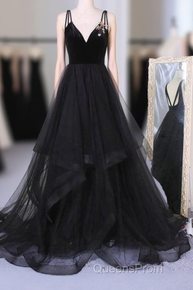 A Line V Neck Tulle Black Ball Gown, Black Evening Prom, Black Formal Main image