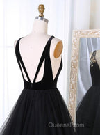 A Line V Neck Tulle Black Ball Gown, Black Evening Prom, Black Formal