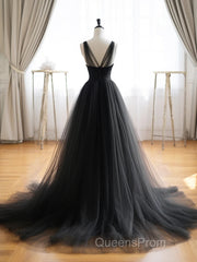 A-Line V Neck Tulle Black Long Evening Prom Dress