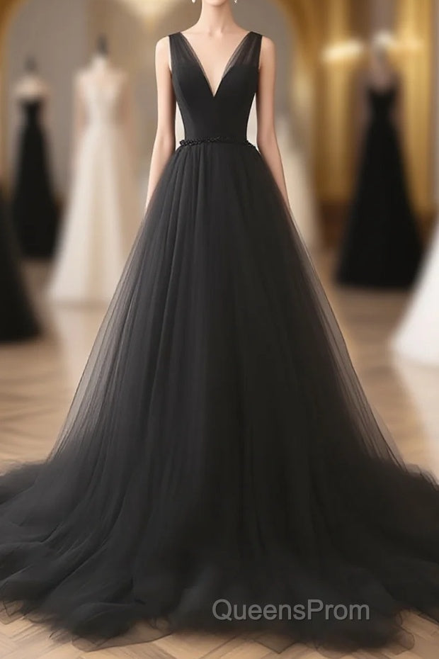 A-Line V Neck Tulle Black Long Evening Prom Dress Main image