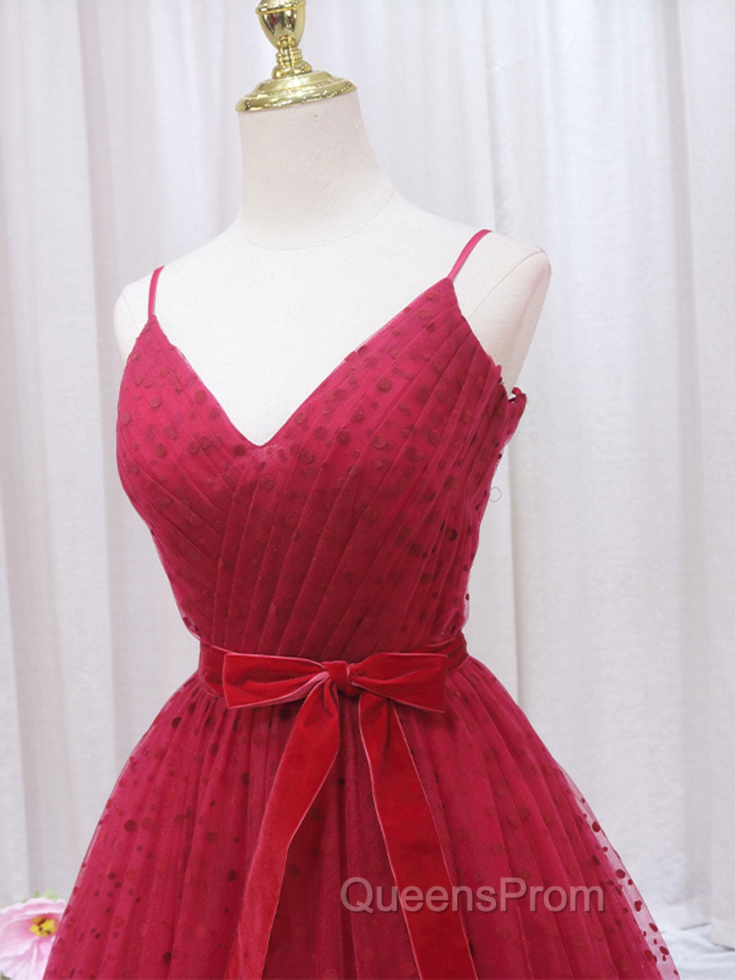 A-Line V Neck Tulle Burgundy Long Evening Prom Dress, Burgundy Evening Dress Secondary image