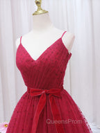 A-Line V Neck Tulle Burgundy Long Evening Prom Dress, Burgundy Evening Dress