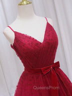 A-Line V Neck Tulle Burgundy Long Evening Prom Dress, Burgundy Evening Dress