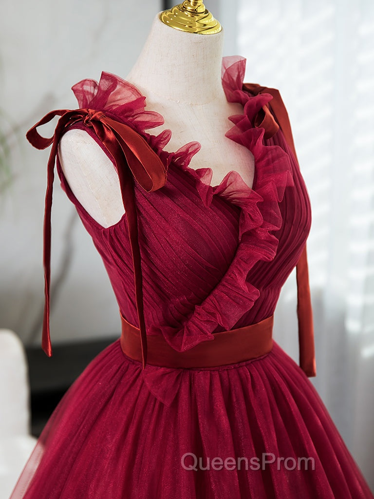 A-Line V Neck Tulle Burgundy Long Evening Prom Dress, Burgundy Long Evening Dress Secondary image