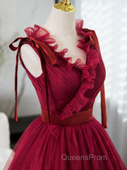 A-Line V Neck Tulle Burgundy Long Evening Prom Dress, Burgundy Long Evening Dress