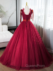 A-Line V Neck Tulle Burgundy Long Evening Prom Dress, Burgundy Long Evening Dress