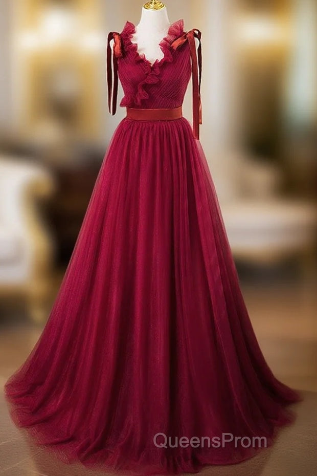 A-Line V Neck Tulle Burgundy Long Evening Prom Dress, Burgundy Long Evening Dress Main image