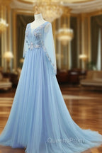 A-Line V Neck  Tulle Lace Blue Long Evening Prom Dress, Blue Evening Dress