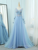 A-Line V Neck  Tulle Lace Blue Long Evening Prom Dress, Blue Evening Dress