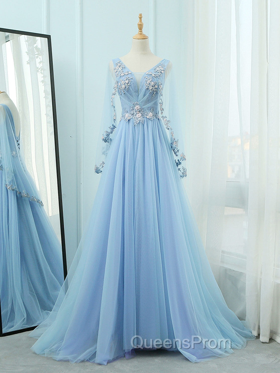 A-Line V Neck  Tulle Lace Blue Long Evening Prom Dress, Blue Evening Dress