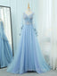 A-Line V Neck  Tulle Lace Blue Long Evening Prom Dress, Blue Evening Dress