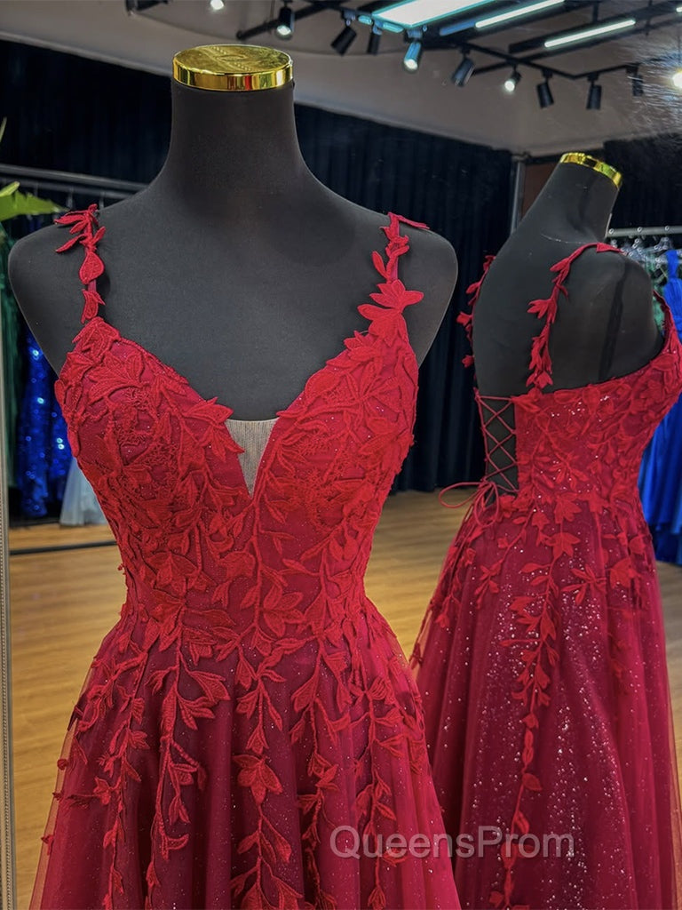 A-Line V Neck Tulle Lace Burgundy Long Evening Prom Dress, Burgundy Long Evening Dress