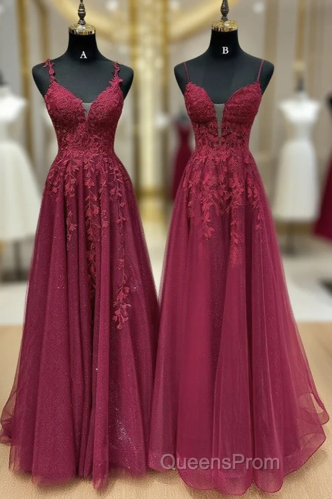 A-Line V Neck Tulle Lace Burgundy Long Evening Prom Dress, Burgundy Long Evening Dress Main image