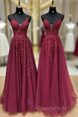 A-Line V Neck Tulle Lace Burgundy Long Evening Prom Dress, Burgundy Long Evening Dress
