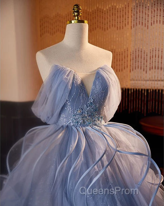 A-Line V Neck Tulle Lace Gray Blue Long Evening Prom Dress, Blue Long Sweet 16 Dress Secondary image