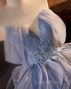 A-Line V Neck Tulle Lace Gray Blue Long Evening Prom Dress, Blue Long Sweet 16 Dress