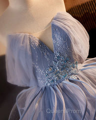 A-Line V Neck Tulle Lace Gray Blue Long Evening Prom Dress, Blue Long Sweet 16 Dress