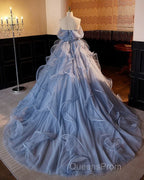 A-Line V Neck Tulle Lace Gray Blue Long Evening Prom Dress, Blue Long Sweet 16 Dress