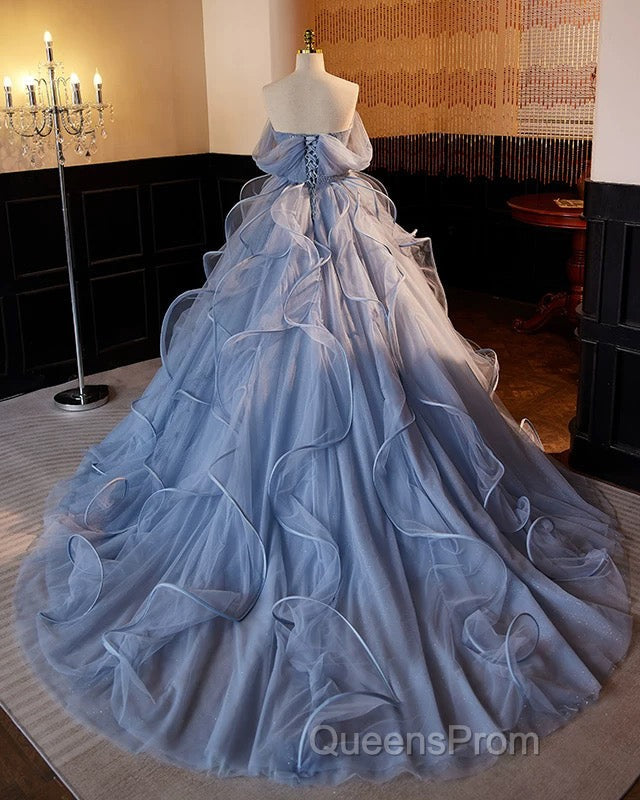A-Line V Neck Tulle Lace Gray Blue Long Evening Prom Dress, Blue Long Sweet 16 Dress