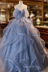 A-Line V Neck Tulle Lace Gray Blue Long Evening Prom Dress, Blue Long Sweet 16 Dress