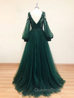 A-Line V Neck Tulle Lace Green Long Evening Prom Dress, Green Evening Dress