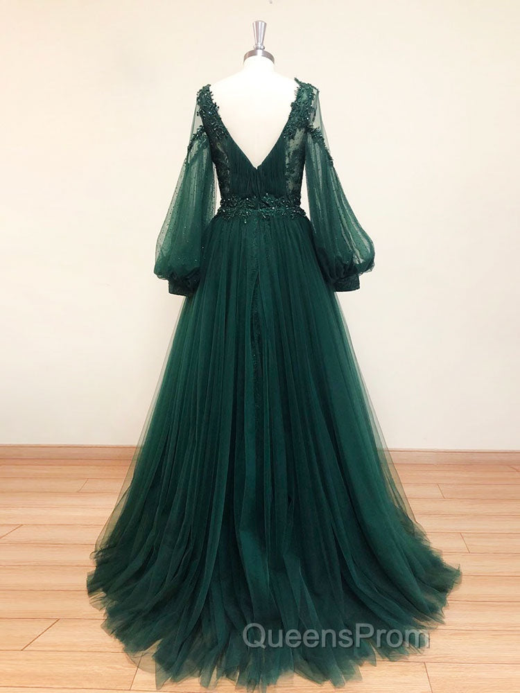 A-Line V Neck Tulle Lace Green Long Evening Prom Dress, Green Evening Dress