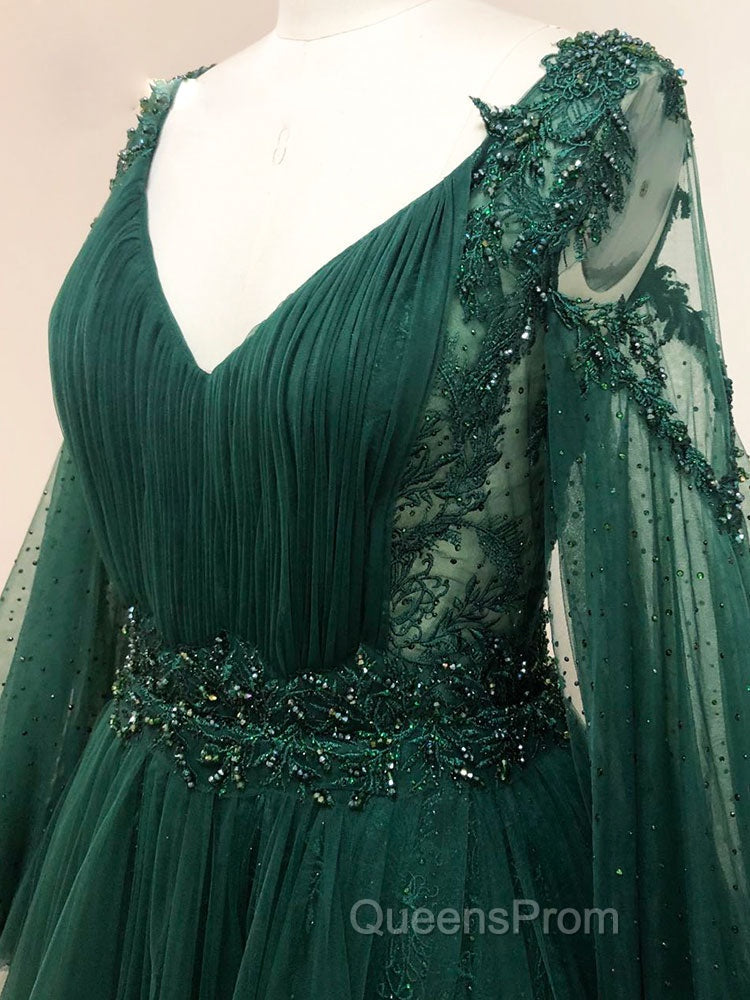 A-Line V Neck Tulle Lace Green Long Evening Prom Dress, Green Evening Dress