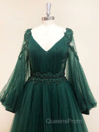 A-Line V Neck Tulle Lace Green Long Evening Prom Dress, Green Evening Dress