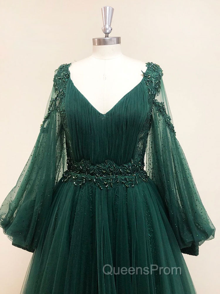 A-Line V Neck Tulle Lace Green Long Evening Prom Dress, Green Evening Dress