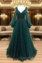 A-Line V Neck Tulle Lace Green Long Evening Prom Dress, Green Evening Dress