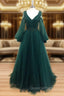 A-Line V Neck Tulle Lace Green Long Evening Prom Dress, Green Evening Dress