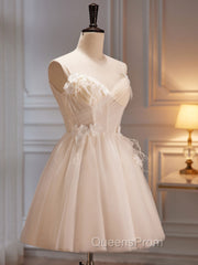 A-Line V Neck Tulle Light Champagne Short Evening Prom Dress, Champagne Homecoming Dress