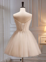 A-Line V Neck Tulle Light Champagne Short Evening Prom Dress, Champagne Homecoming Dress