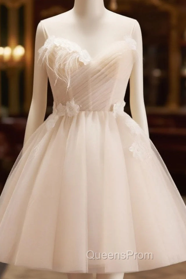 A-Line V Neck Tulle Light Champagne Short Evening Prom Dress, Champagne Homecoming Dress Main image