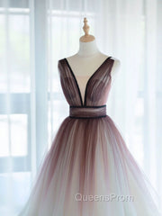 A-Line V Neck Tulle Long Brown Evening Prom Dress, Tulle Long Evening Dress