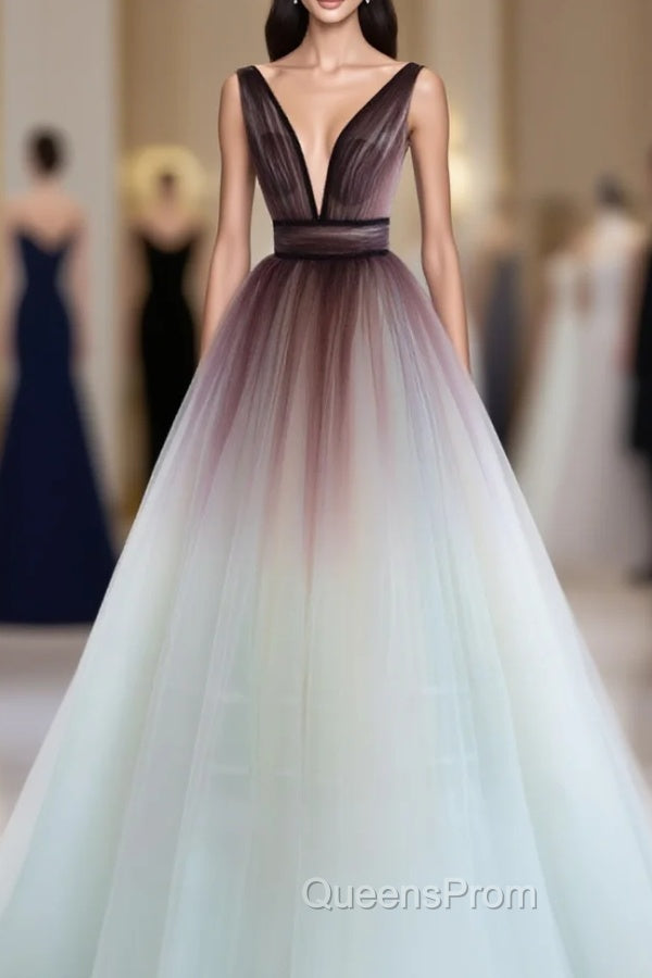 A-Line V Neck Tulle Long Brown Evening Prom Dress, Tulle Long Evening Dress Main image