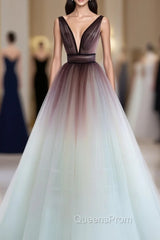 A-Line V Neck Tulle Long Brown Evening Prom Dress, Tulle Long Evening Dress