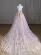 A-Line V Neck Tulle Pink Long Evening Prom Dress, Pink Tulle Long Formal Dress