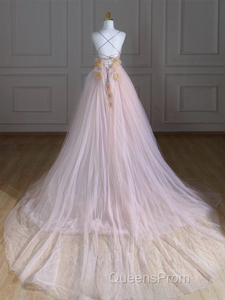 A-Line V Neck Tulle Pink Long Evening Prom Dress, Pink Tulle Long Formal Dress
