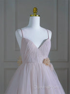A-Line V Neck Tulle Pink Long Evening Prom Dress, Pink Tulle Long Formal Dress