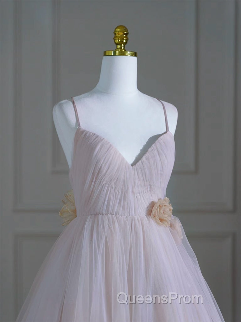 A-Line V Neck Tulle Pink Long Evening Prom Dress, Pink Tulle Long Formal Dress