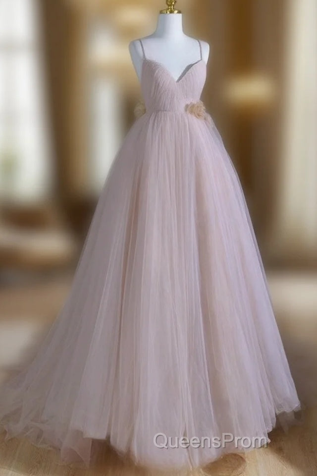 A-Line V Neck Tulle Pink Long Evening Prom Dress, Pink Tulle Long Formal Dress Main image