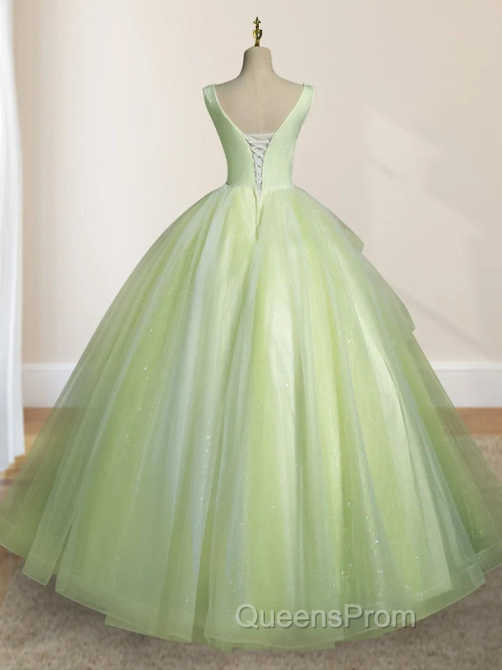 A-Line V Neck Tulle Sage Green Long Evening Prom Quinceanera Dress