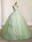 A-Line V Neck Tulle Sage Green Long Evening Prom Quinceanera Dress