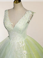 A-Line V Neck Tulle Sage Green Long Evening Prom Quinceanera Dress