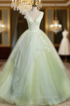 A-Line V Neck Tulle Sage Green Long Evening Prom Quinceanera Dress